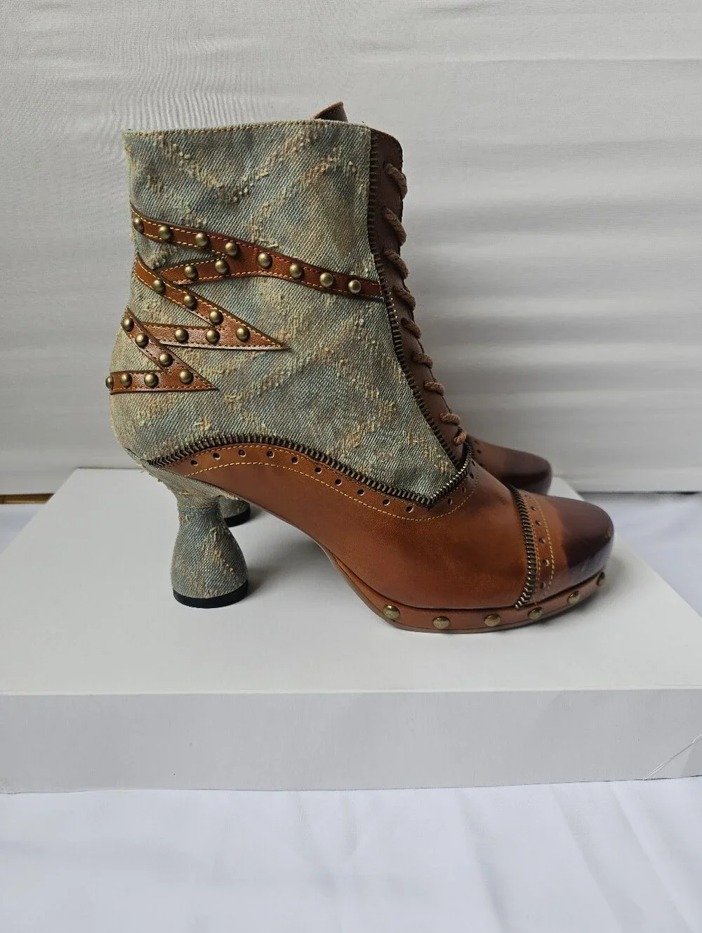 Steampunk Leather and Denim Ankle Boots with Zipper and Stud Details - Size 40